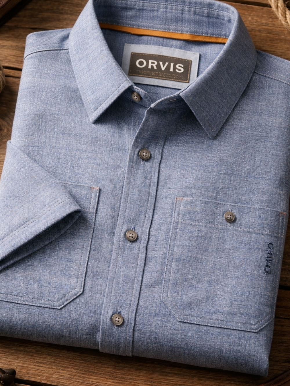 Orvis Men's Shirt Small Tech Chambray Work Active Fit Trout Bum, Vented, Fishing